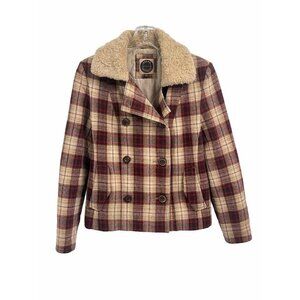 Giacco Wool Plaid Double Breasted Pea Coat Brown Faux Fur Sz Small